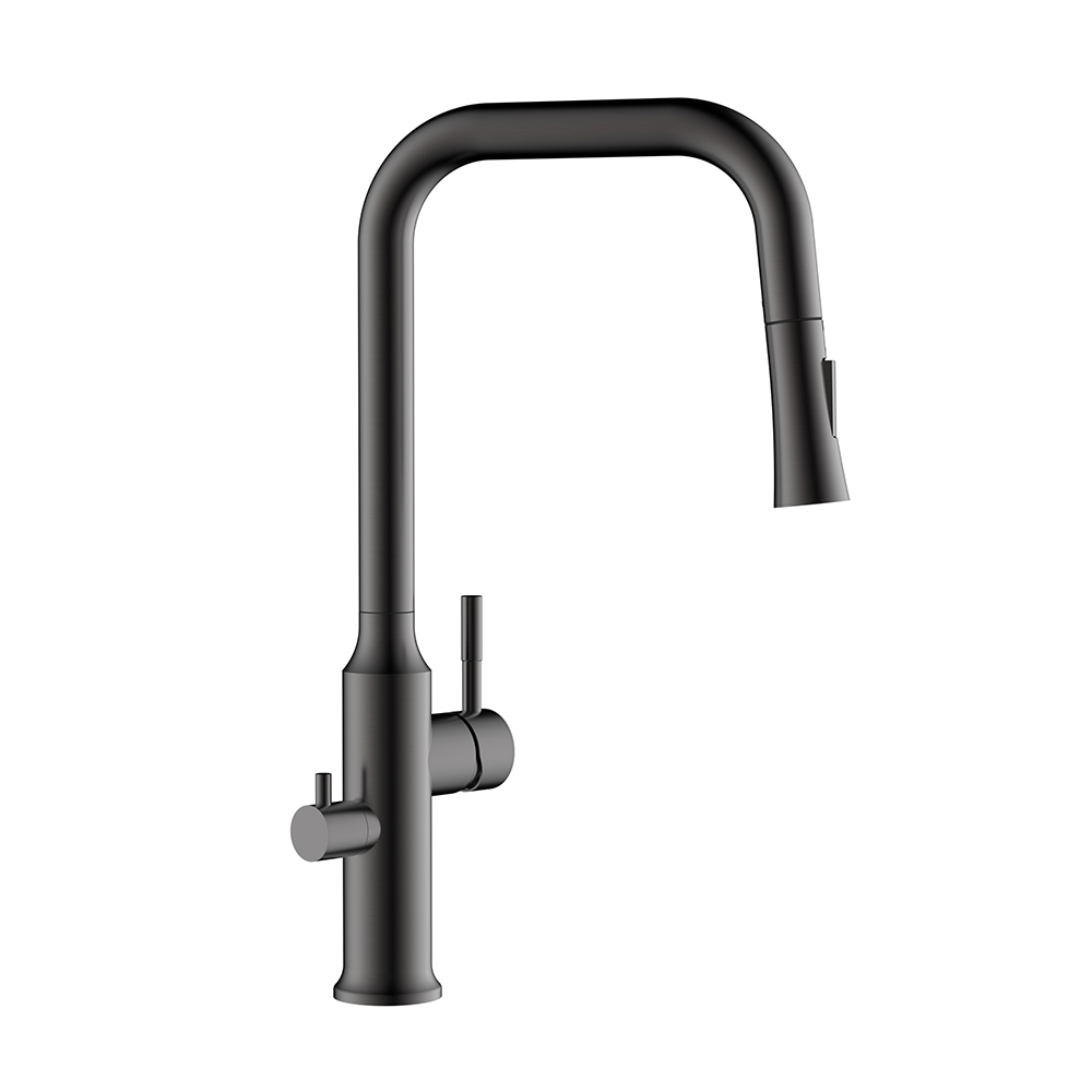 Grifo monomando de cocina abatible Gunmetal con válvula para lavavajillas